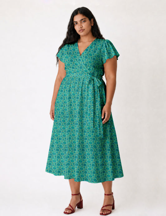 Elegant midi wrap dress with a V-neckline, adjustable waist tie, fitted bodice, and flared skirt for a timeless, flattering silhouette.