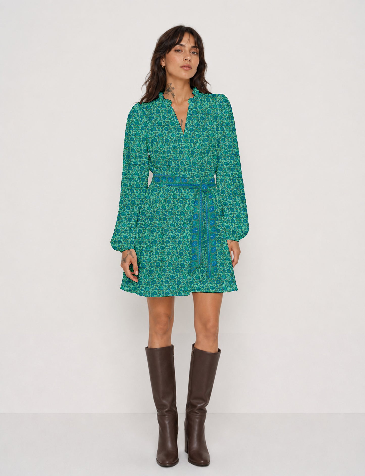 Swing dress with belt - Blue Floral