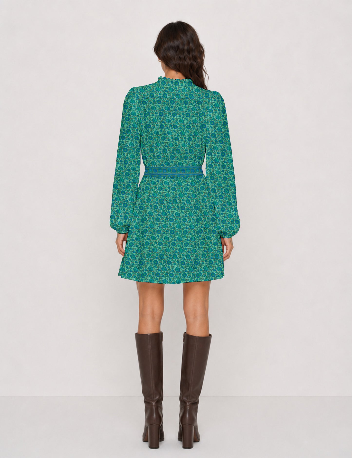 Swing dress with belt - Blue Floral