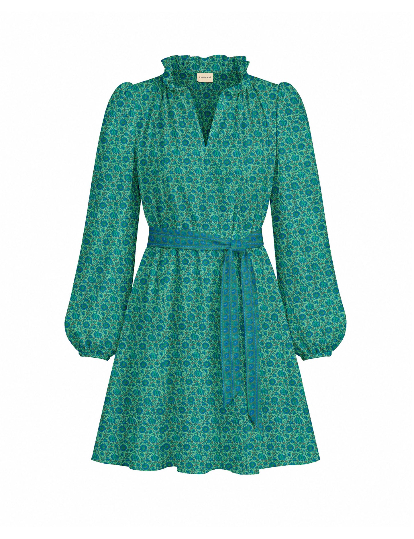 Swing dress with belt - Blue Floral