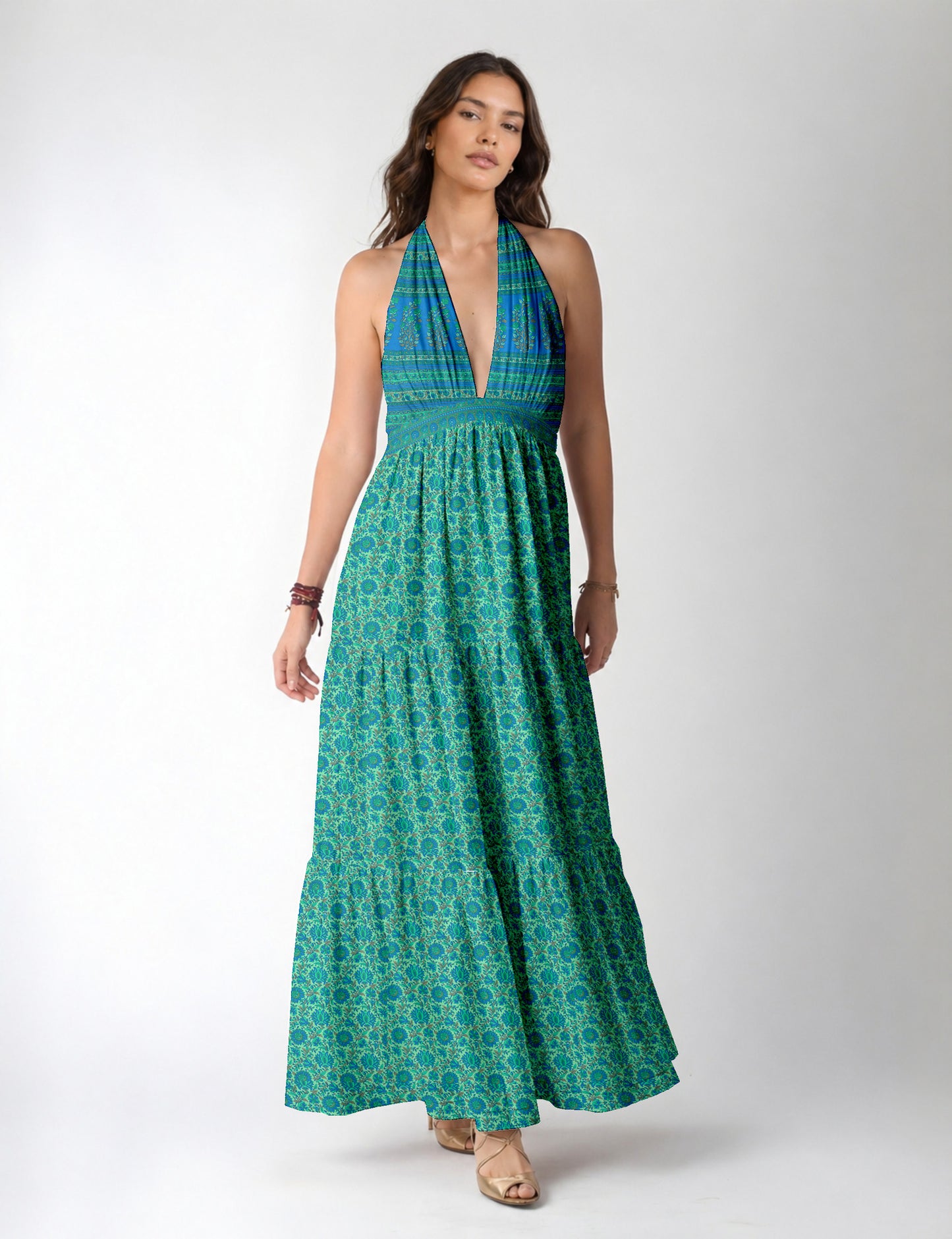 Maxi tiered dress by I was a Sari with halter neckline and flowy silhouette