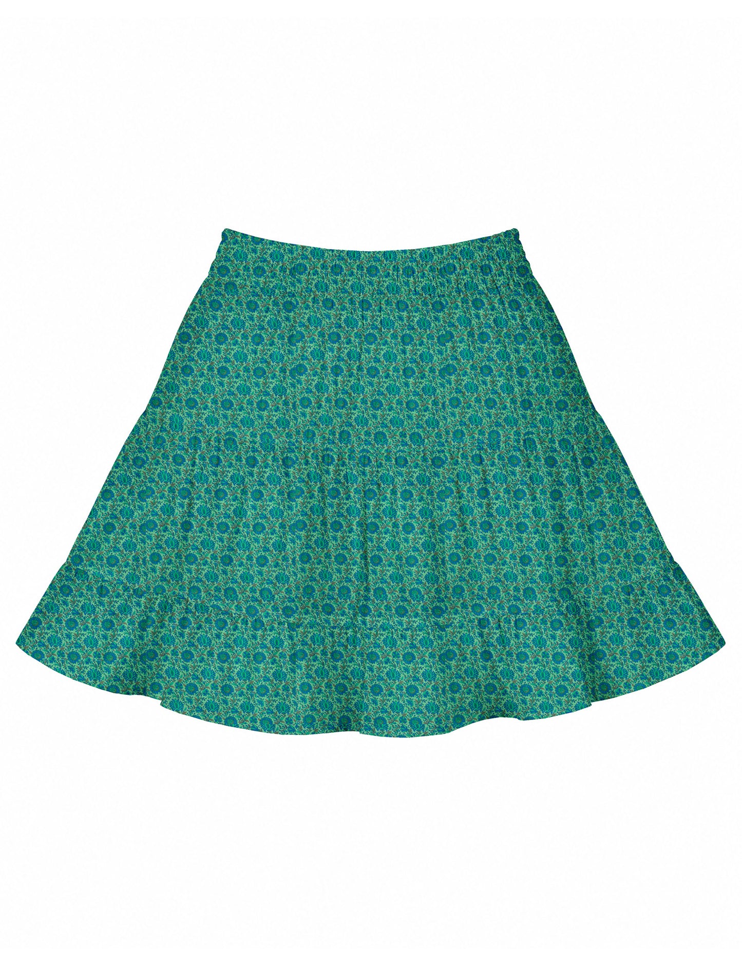 Short tiered skirt with a fitted waistband, knife pleats, softly flared silhouette, side seam pockets, and above-the-knee length.