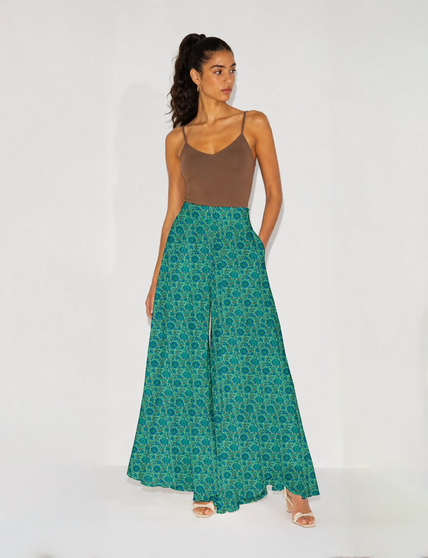 Wide Leg Palazzo Trousers - Blue Floral