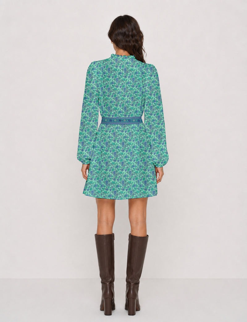 Swing dress with belt - Blue Floral