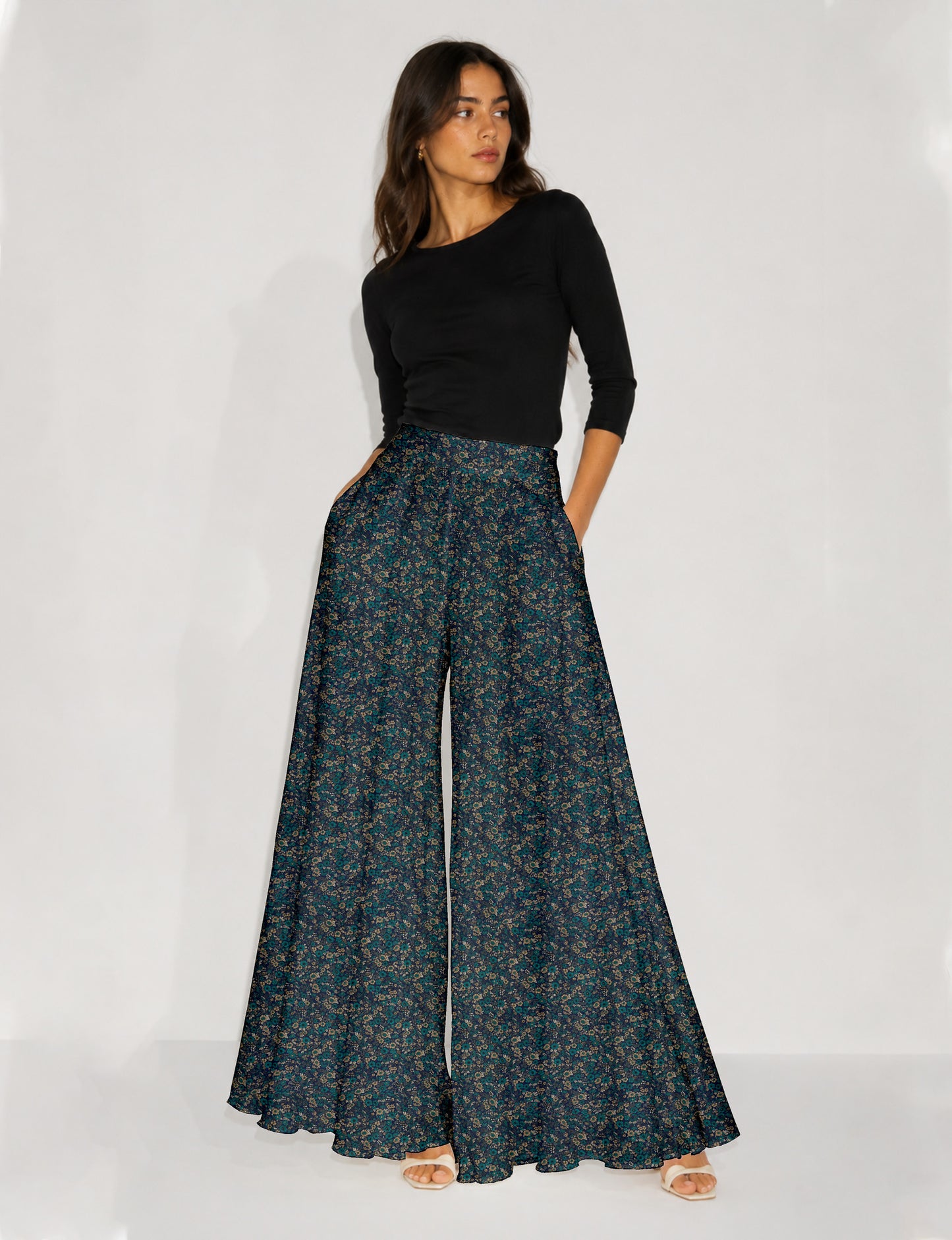 Wide Leg Palazzo Trousers - Blue Floral