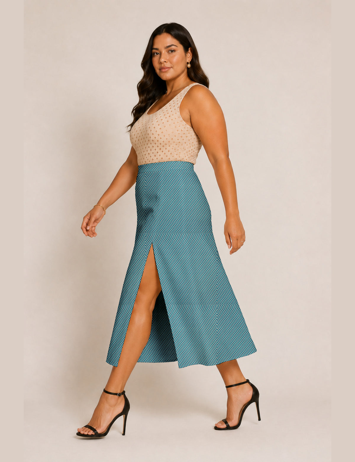 A line skirt with slit - Blue Floral