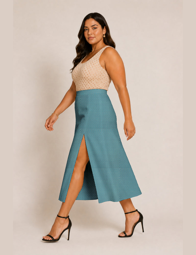 A line skirt with slit - Blue Floral