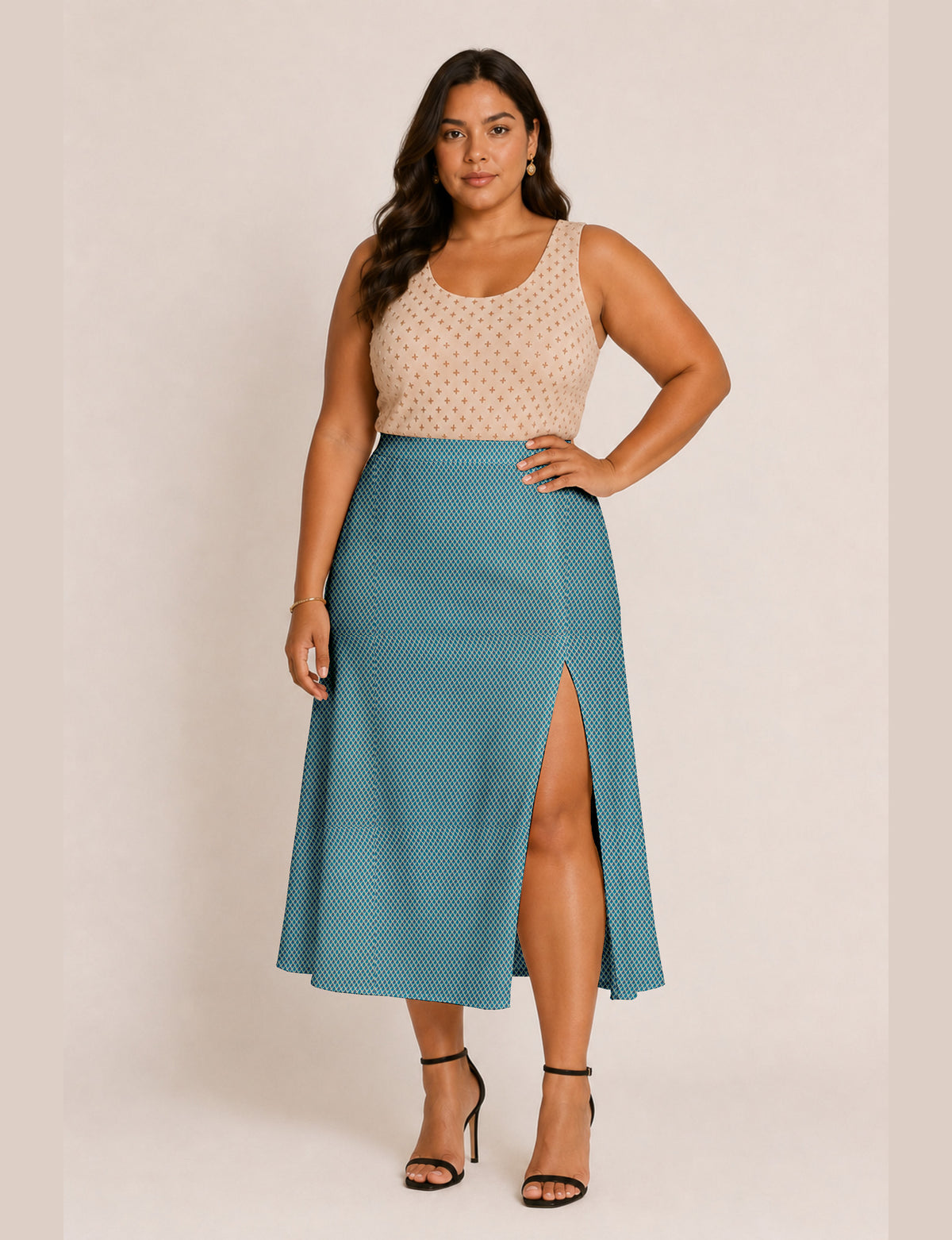 A line skirt with slit - Blue Floral