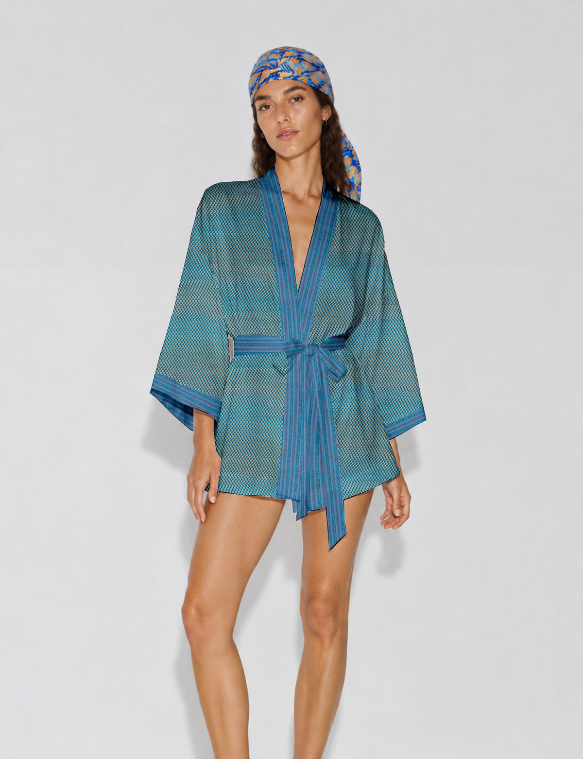 Short kimono robe - Blue Floral