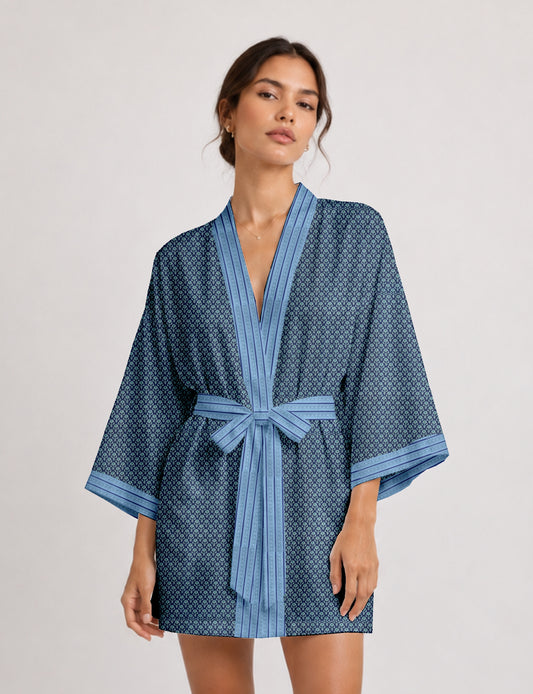 Short kimono robe with wrap front, V-neckline, wide sleeves, waist tie, and concealed skort detail.