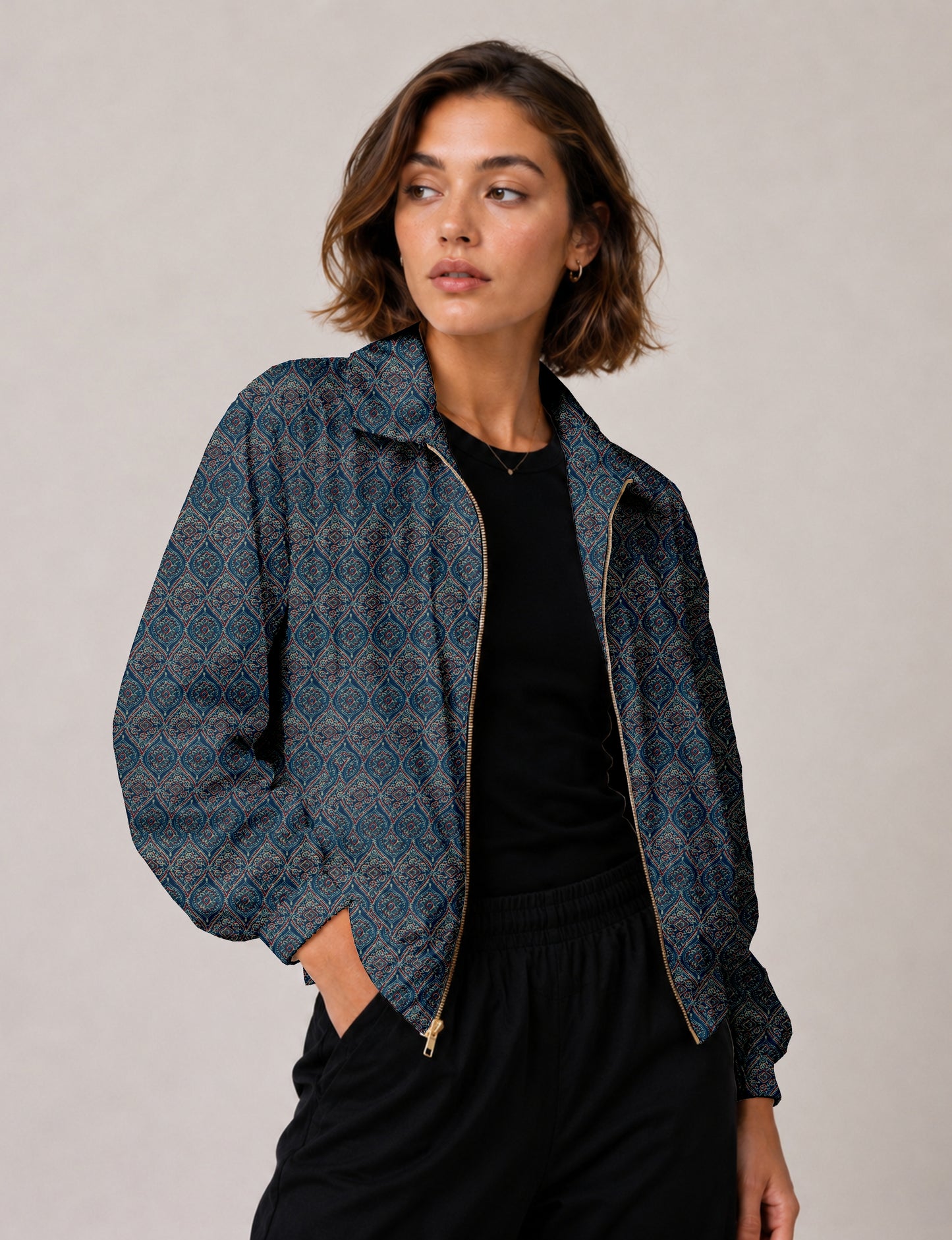 Bomber Jacket - Blue Indian Ethnic