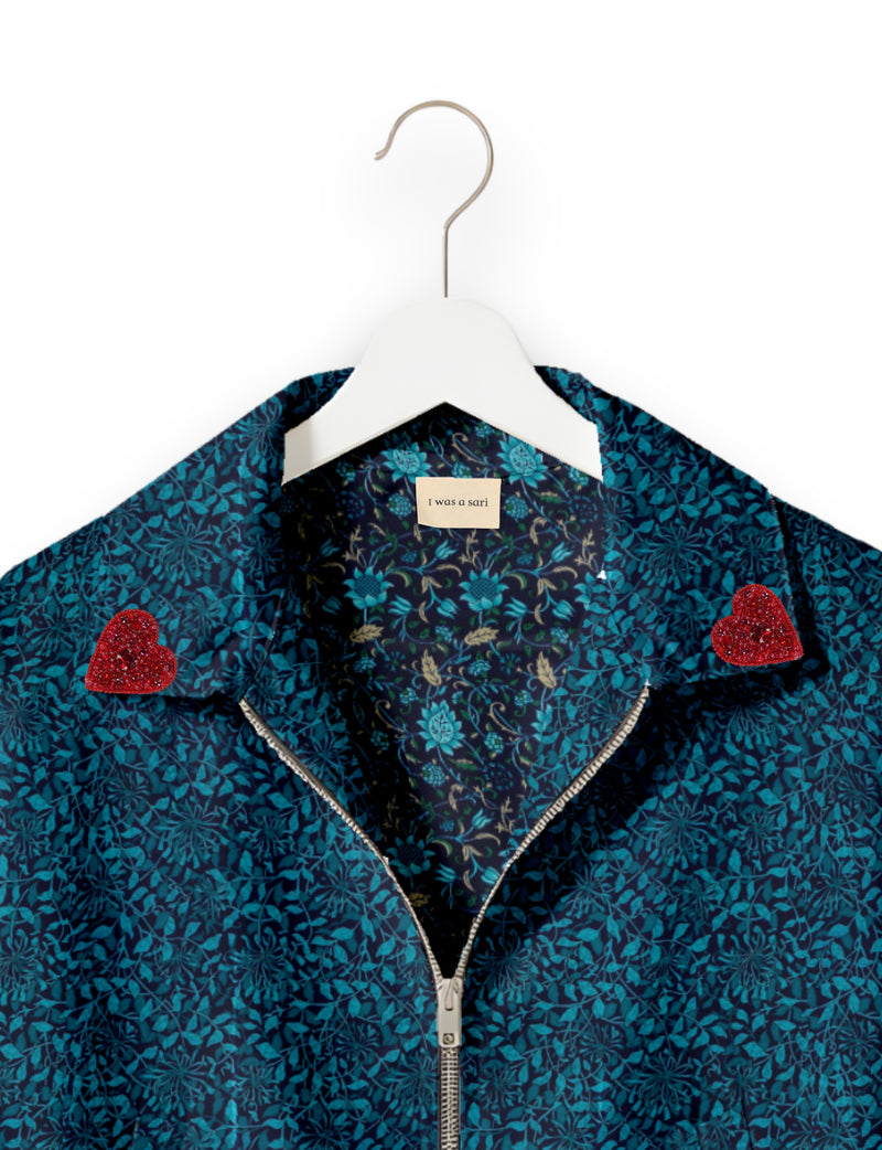 Love Bomber Jacket made from recycled fabric, featuring hand-stitched Aari embroidery. A unique piece of zero-waste clothing, part of the circular fashion movement. Designed with upcycled materials for a stylish yet environmentally friendly clothing choice.