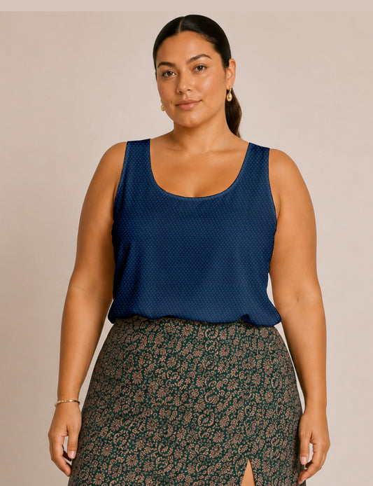 Women's sleeveless blouse with a relaxed straight fit, wide scoop neckline, deep scoop back, and hip-length silhouette.