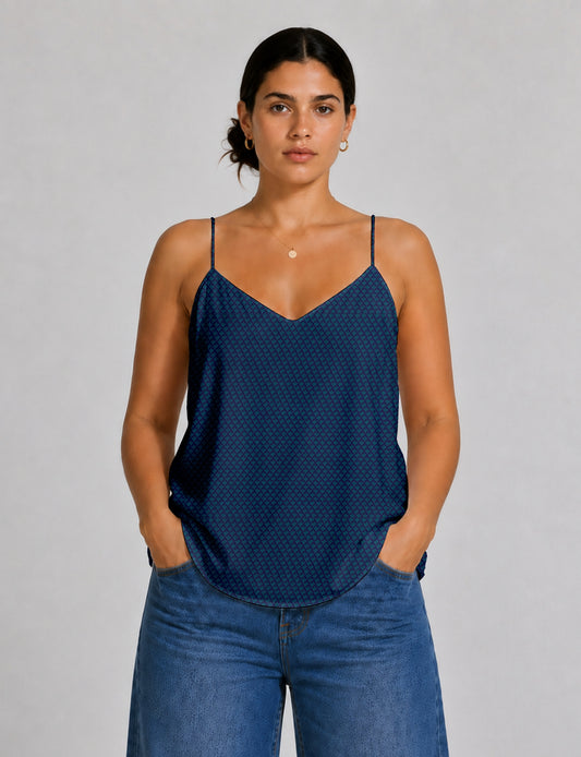 Women's sleeveless slip top with a relaxed straight fit, soft V-neckline, deep V-back, and delicate spaghetti straps.