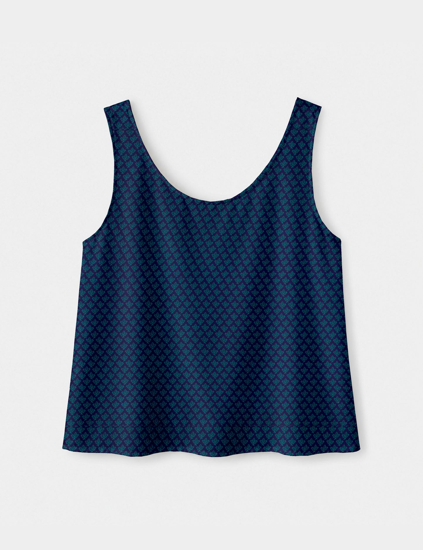 Women's sleeveless blouse with a relaxed straight fit, wide scoop neckline, deep scoop back, and hip-length silhouette.
