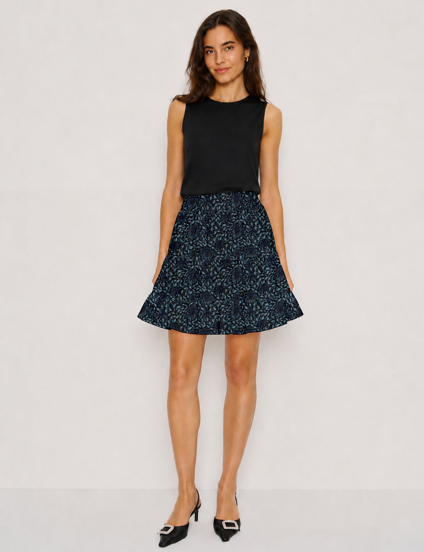 Short tiered skirt - Blue Leaves