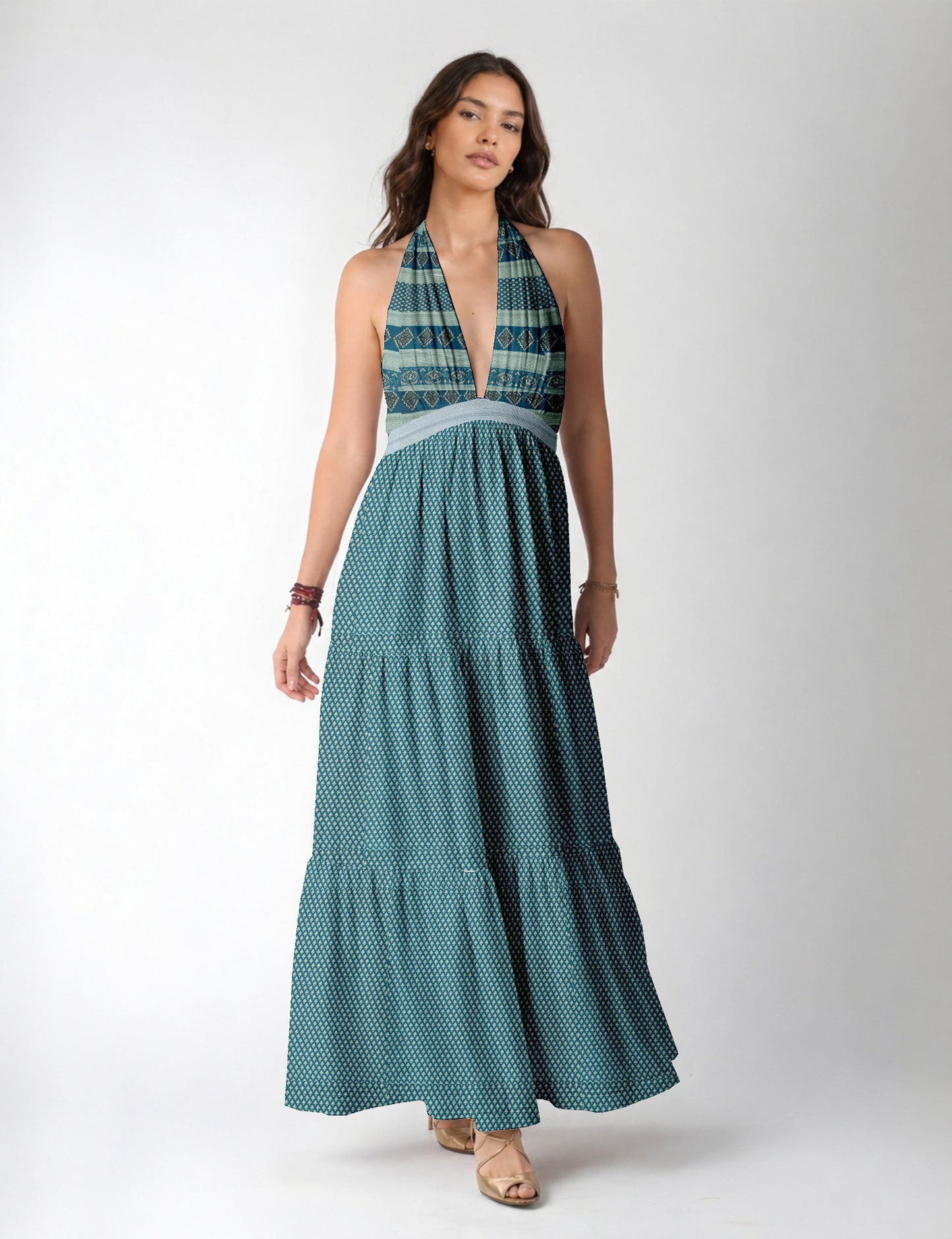 Maxi tiered dress by I was a Sari with halter neckline and flowy silhouette