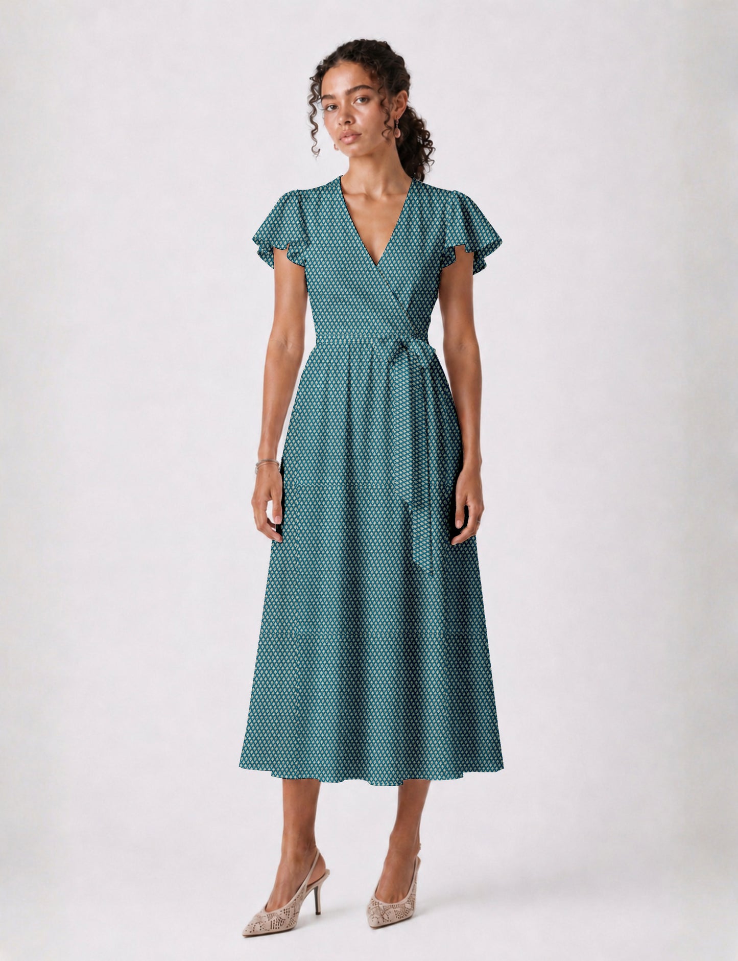 Elegant midi wrap dress with a V-neckline, adjustable waist tie, fitted bodice, and flared skirt for a timeless, flattering silhouette.