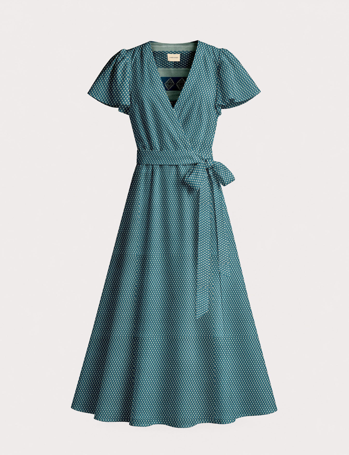 Elegant midi wrap dress with a V-neckline, adjustable waist tie, fitted bodice, and flared skirt for a timeless, flattering silhouette.