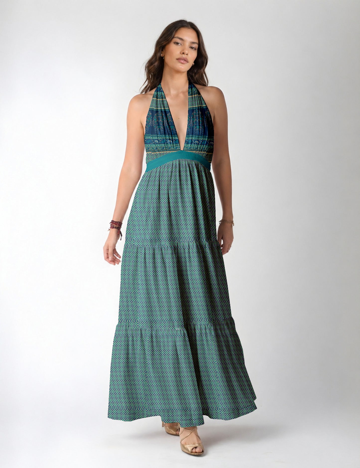 Maxi tiered dress by I was a Sari with halter neckline and flowy silhouette