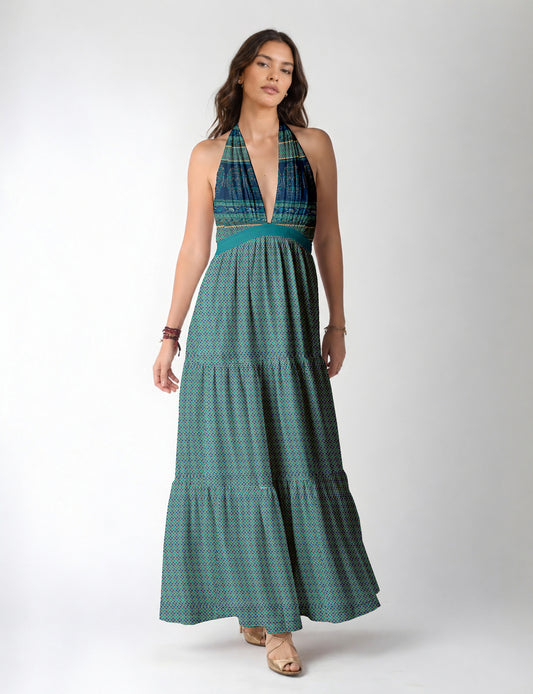 Maxi tiered dress by I was a Sari with halter neckline and flowy silhouette