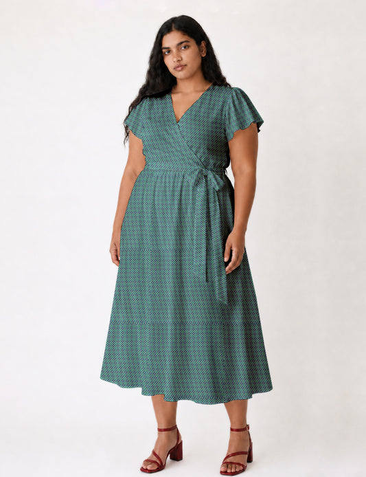 Elegant midi wrap dress with a V-neckline, adjustable waist tie, fitted bodice, and flared skirt for a timeless, flattering silhouette.
