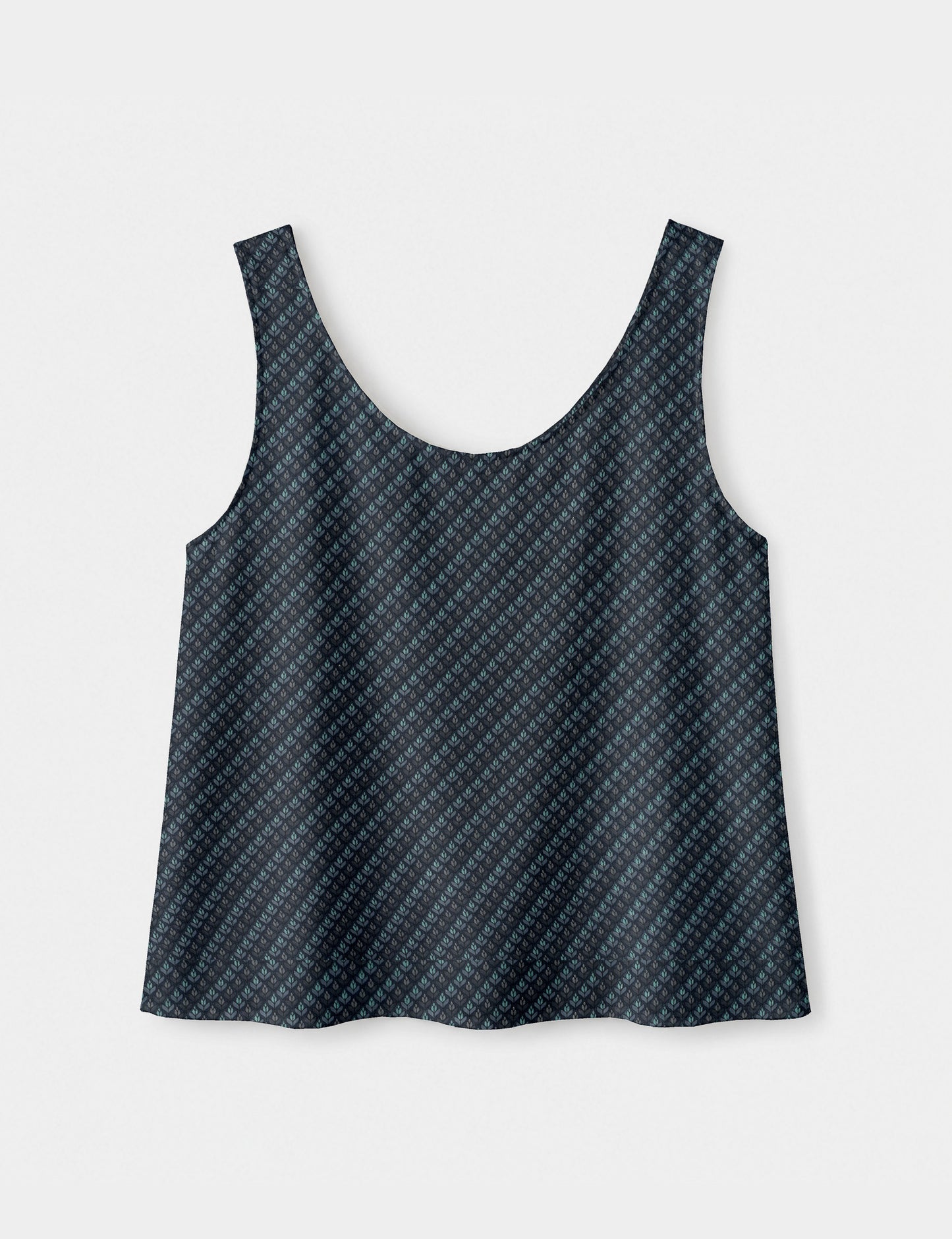 Women's sleeveless blouse with a relaxed straight fit, wide scoop neckline, deep scoop back, and hip-length silhouette.
