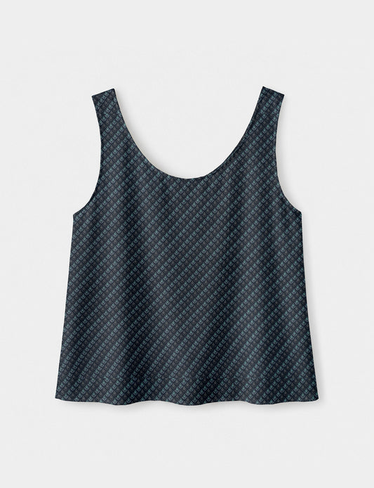 Women's sleeveless blouse with a relaxed straight fit, wide scoop neckline, deep scoop back, and hip-length silhouette.
