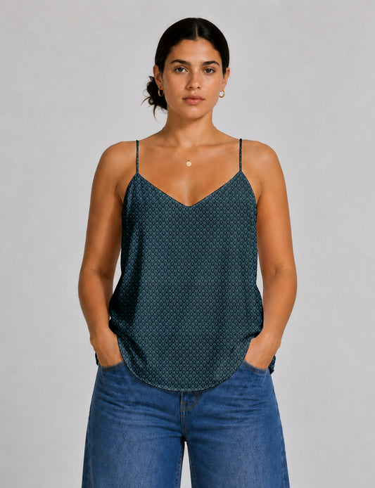 Women's sleeveless slip top with a relaxed straight fit, soft V-neckline, deep V-back, and delicate spaghetti straps.
