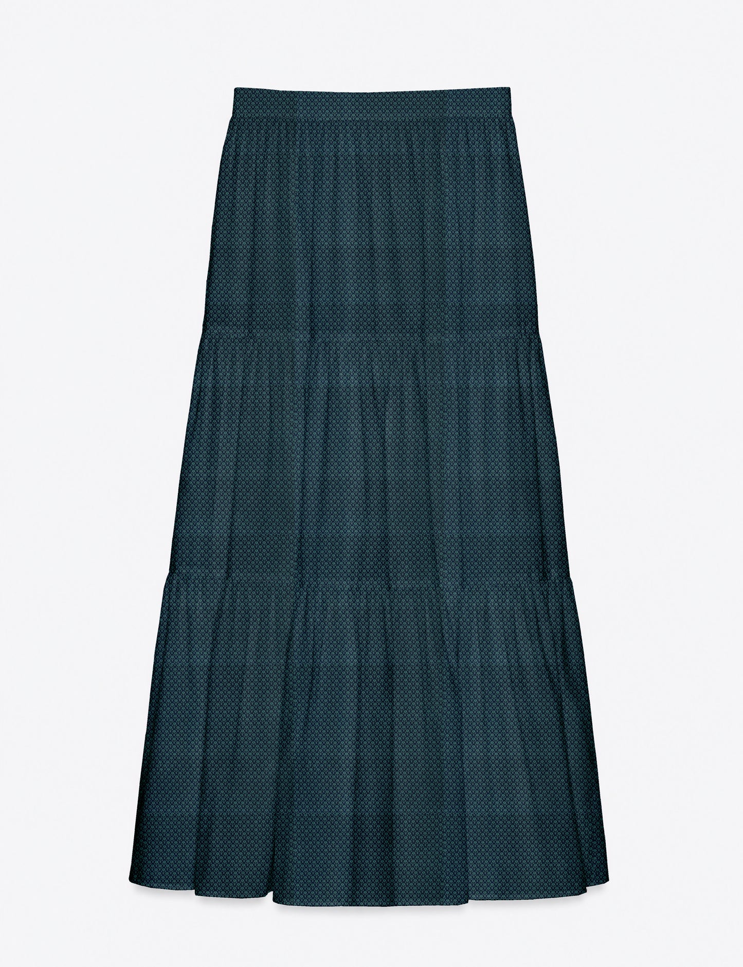 Yellow midi tiered skirt with small dark geometric micro pattern, flat lay front view
