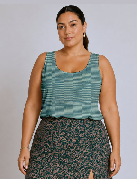 Women's sleeveless blouse with a relaxed straight fit, wide scoop neckline, deep scoop back, and hip-length silhouette.