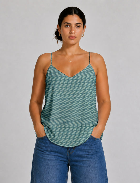 Women's sleeveless slip top with a relaxed straight fit, soft V-neckline, deep V-back, and delicate spaghetti straps.