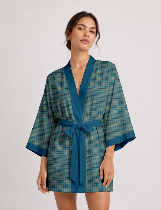 Short kimono robe with wrap front, V-neckline, wide sleeves, waist tie, and concealed skort detail.
