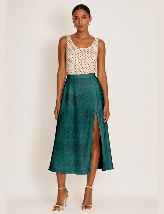 Woman wearing a yellow and black micro patterned A-line skirt with front slit, paired with beige sleeveless top and black