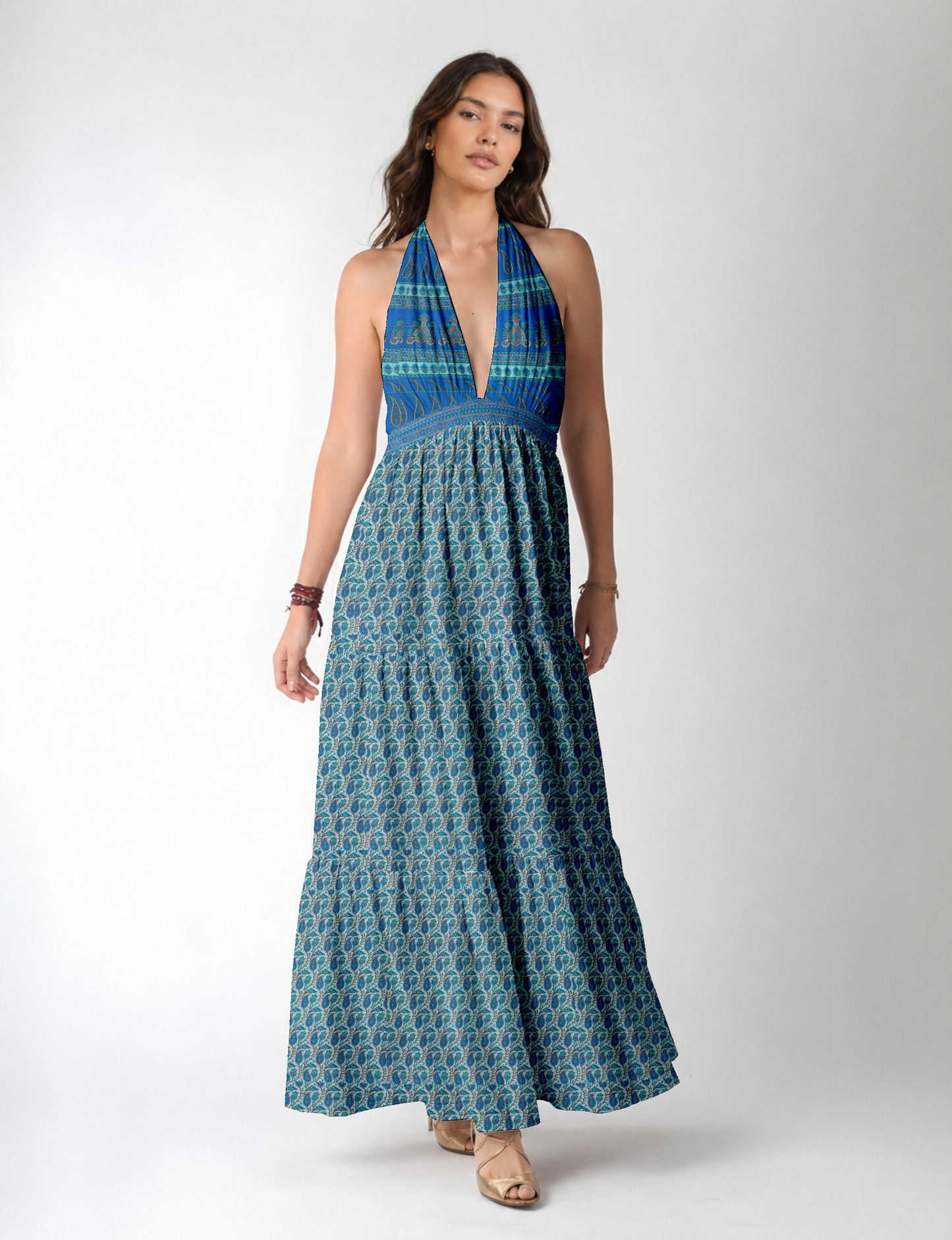 Maxi tiered dress by I was a Sari with halter neckline and flowy silhouette