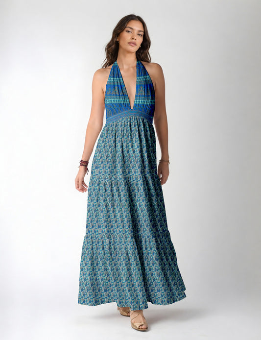 Maxi tiered dress by I was a Sari with halter neckline and flowy silhouette