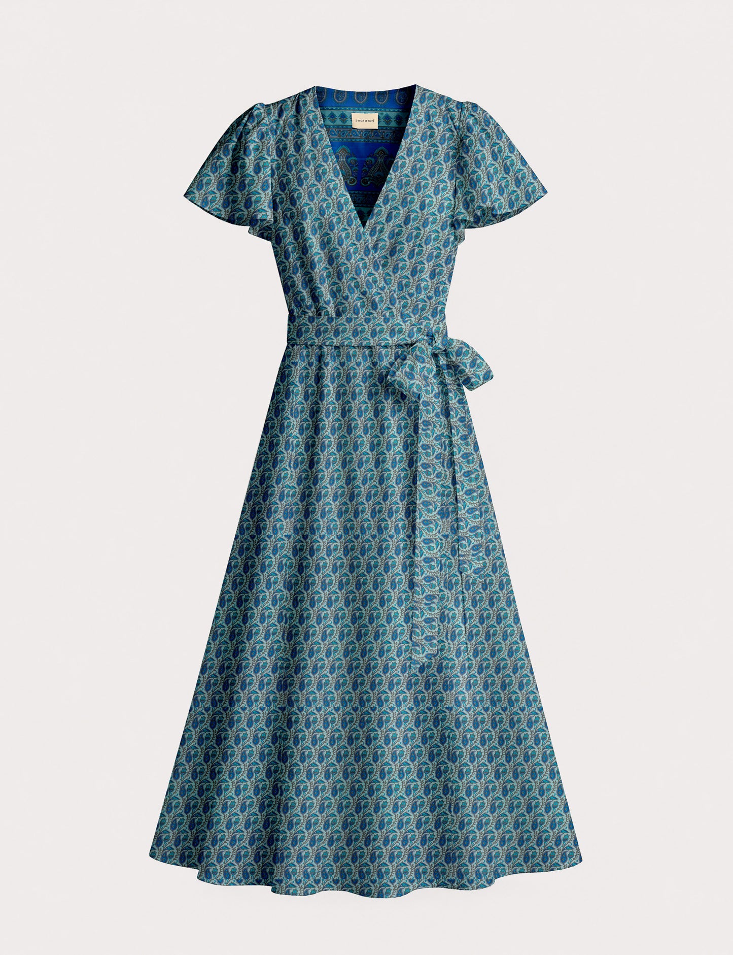 Elegant midi wrap dress with a V-neckline, adjustable waist tie, fitted bodice, and flared skirt for a timeless, flattering silhouette.