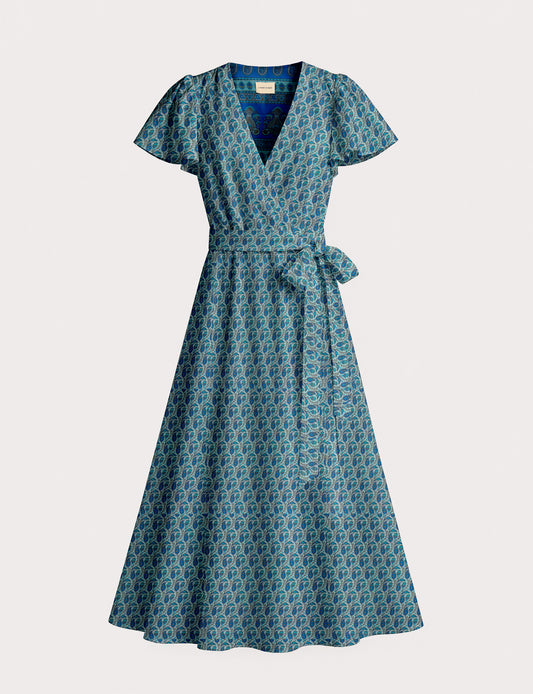 Elegant midi wrap dress with a V-neckline, adjustable waist tie, fitted bodice, and flared skirt for a timeless, flattering silhouette.