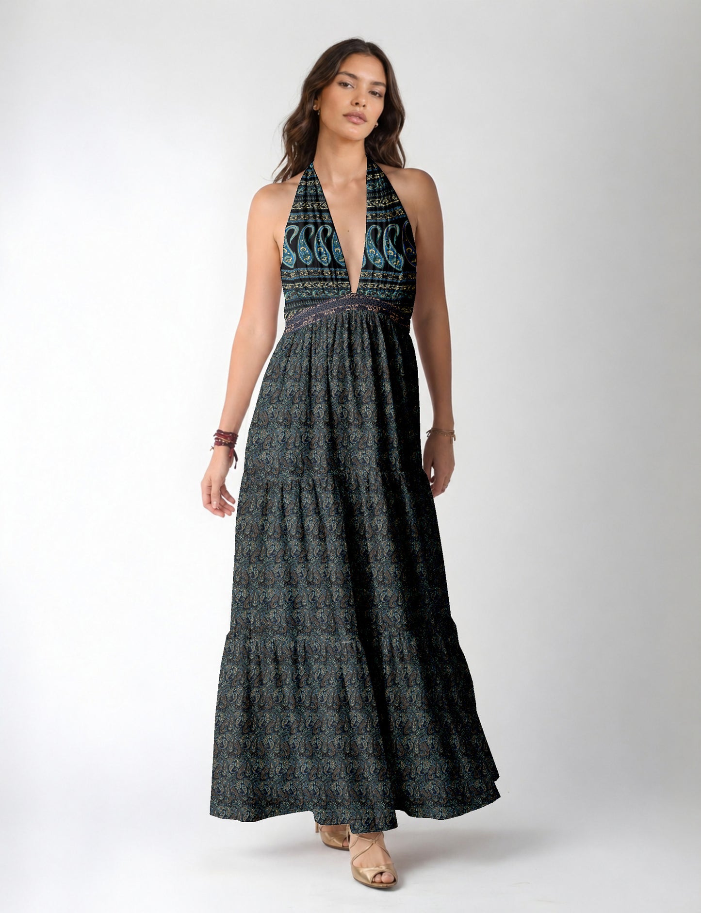 Maxi tiered dress by I was a Sari with halter neckline and flowy silhouette