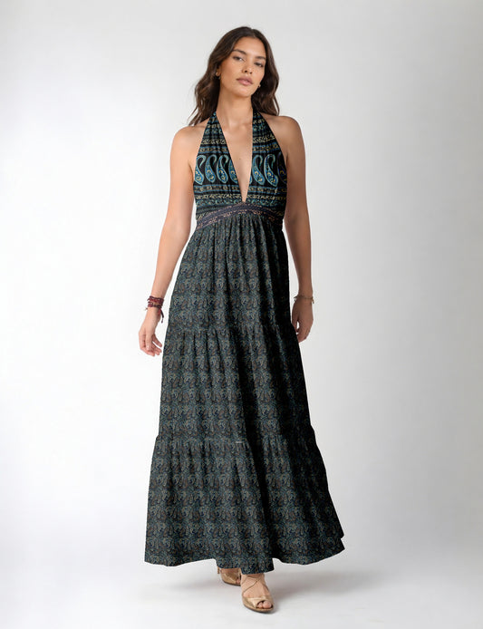 Maxi tiered dress by I was a Sari with halter neckline and flowy silhouette