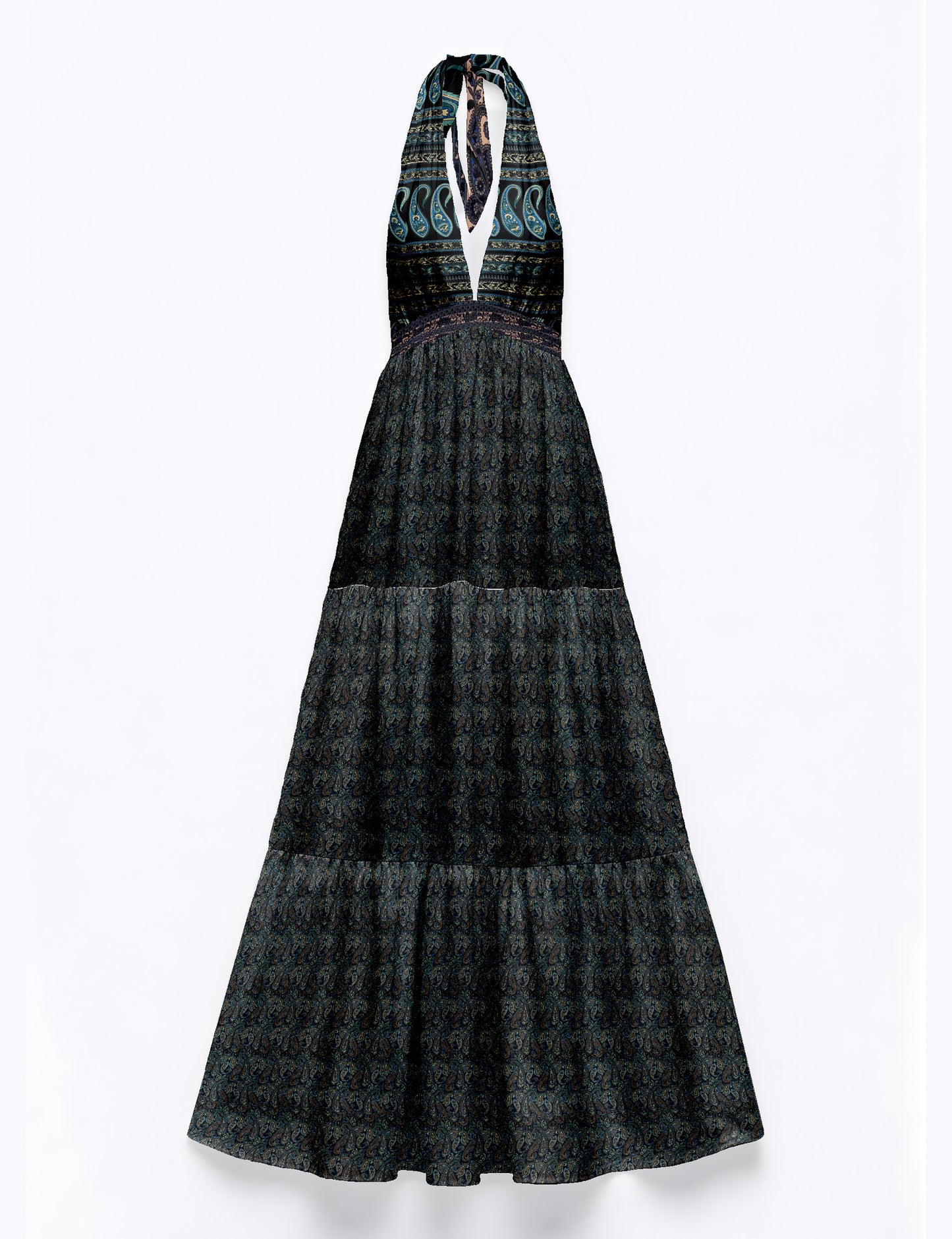 Halter neck maxi dress with tiered layers and elasticated back