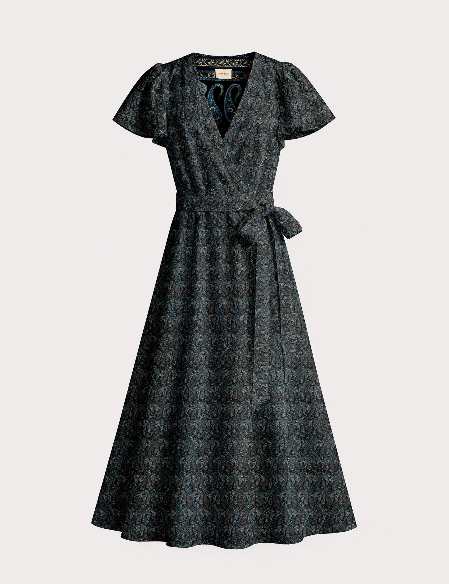 Elegant midi wrap dress with a V-neckline, adjustable waist tie, fitted bodice, and flared skirt for a timeless, flattering silhouette.
