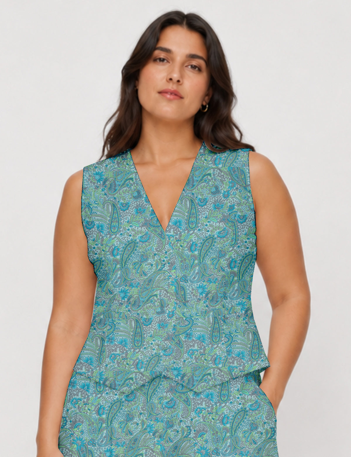 Women's fitted waistcoat with V-neck, single-breasted button closure, tailored silhouette, and pointed hem in sustainable fashion.