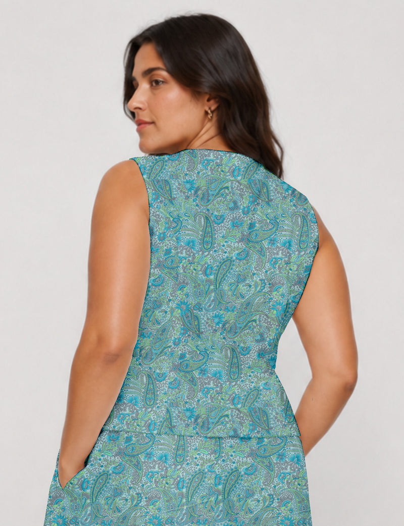 Women's fitted waistcoat with V-neck, single-breasted button closure, tailored silhouette, and pointed hem in sustainable fashion.