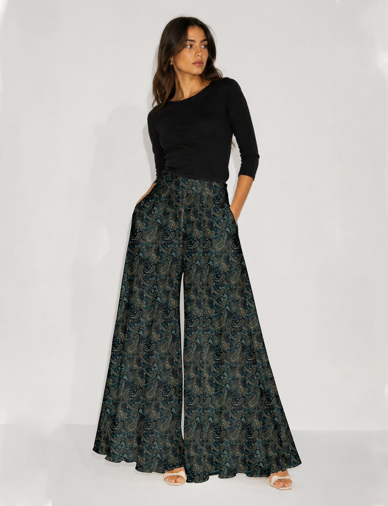 Wide Leg Palazzo Trousers - Blue Paisley