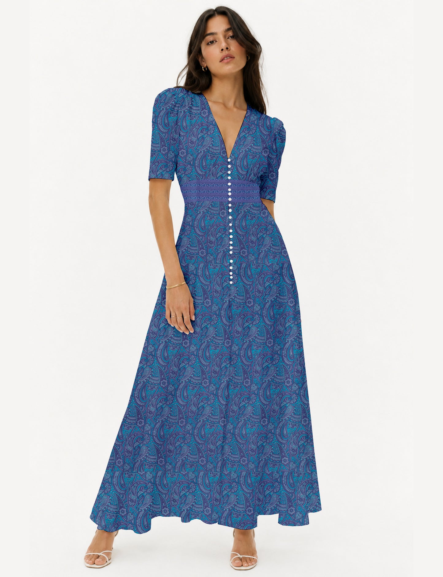 Maxi romantic dress with a fitted bodice, V-neckline, functional button placket, structured waist panel, short sleeves, and a softly flared ankle-length A-line skirt.