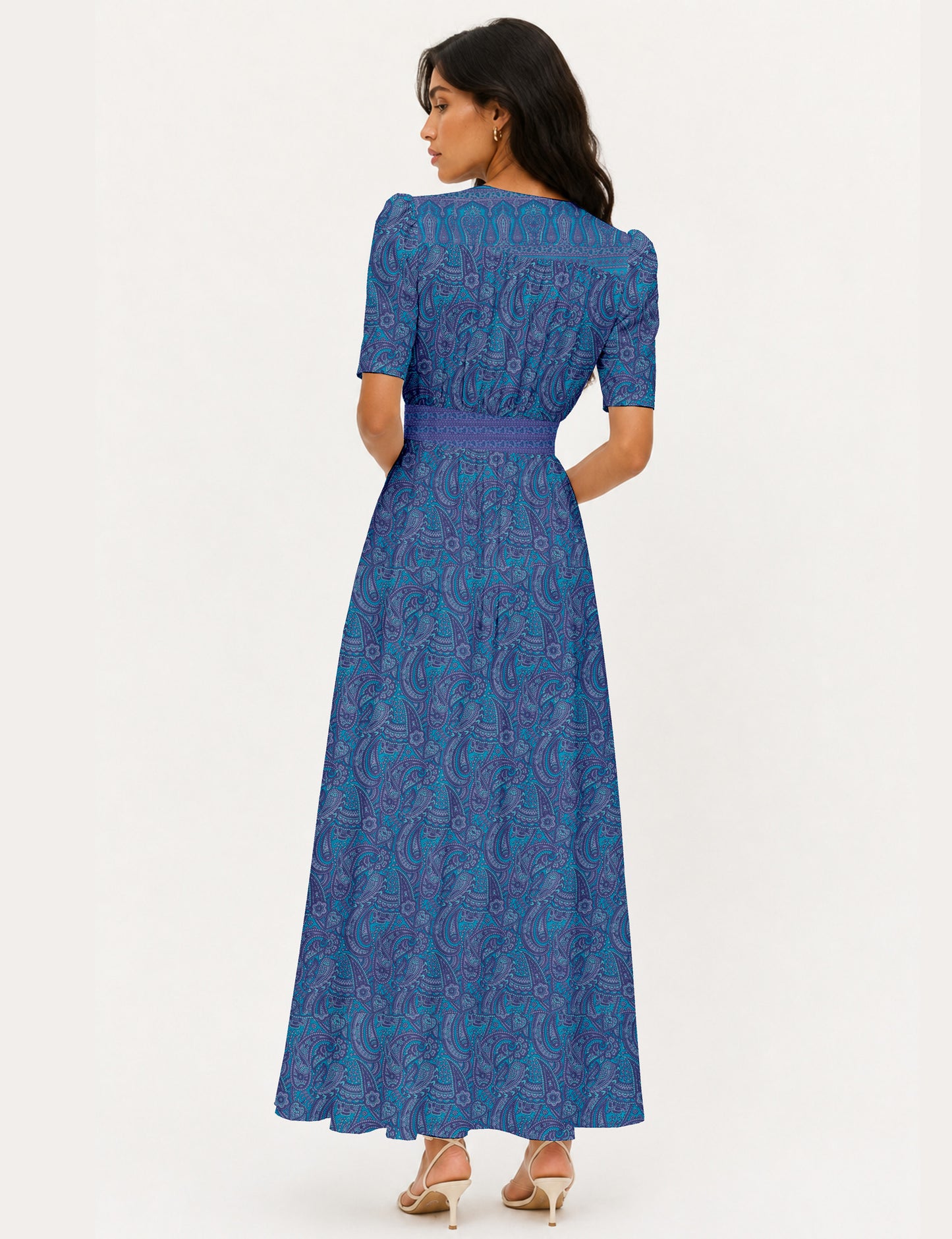 Maxi romantic dress with a fitted bodice, V-neckline, functional button placket, structured waist panel, short sleeves, and a softly flared ankle-length A-line skirt.