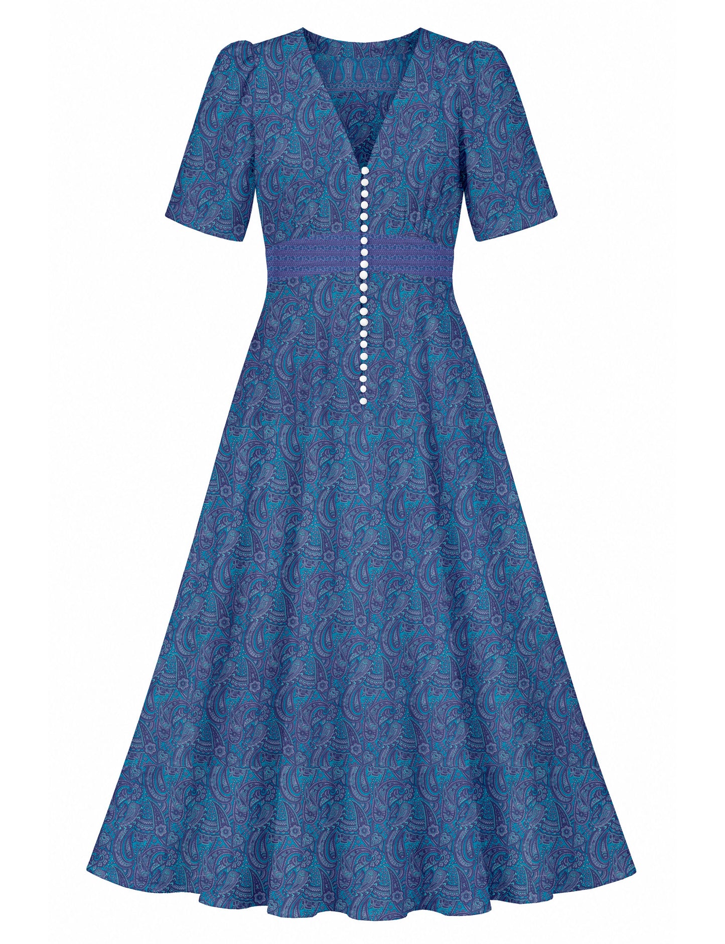 Maxi romantic dress with a fitted bodice, V-neckline, functional button placket, structured waist panel, short sleeves, and a softly flared ankle-length A-line skirt.