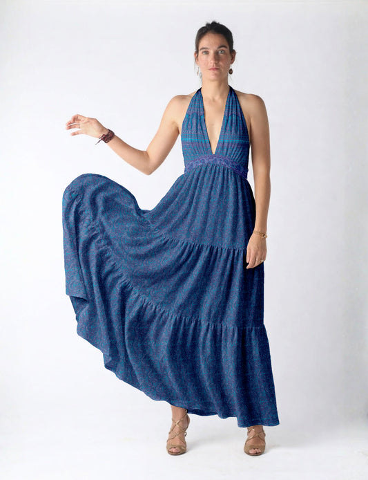 Maxi tiered dress by I was a Sari with halter neckline and flowy silhouette