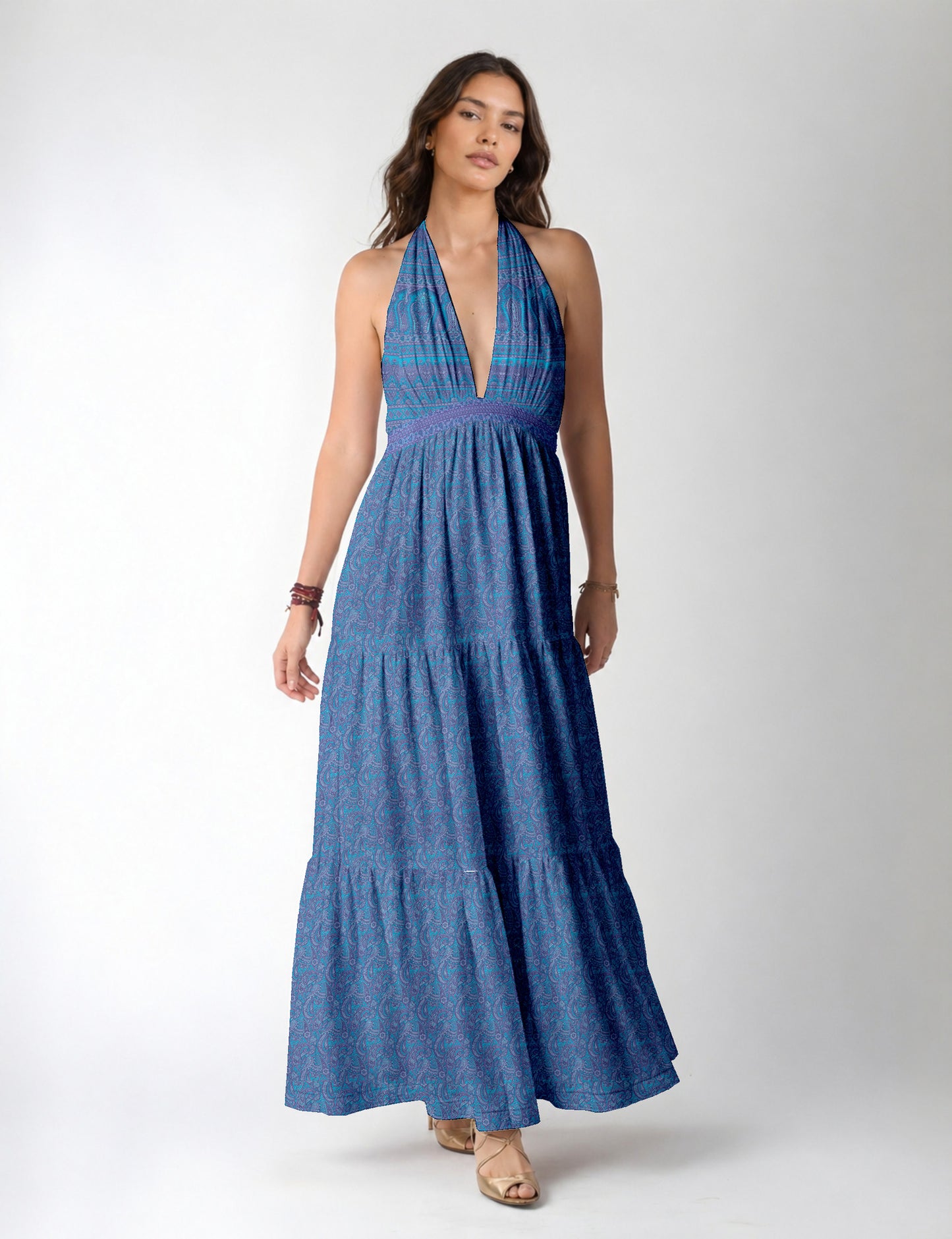Halter neck maxi dress with tiered layers and elasticated back